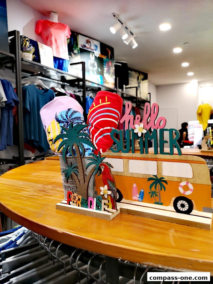 A display of summer-themed merchandise, including t-shirts and decorative items, inside a clothing store.