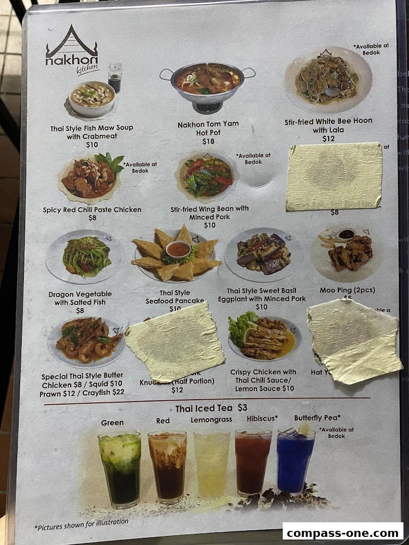 A menu from Nakhon Kitchen featuring various Thai dishes and iced teas with prices and images.