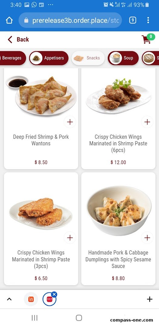 A mobile screen displaying a menu with various appetizers and snacks from Din Tai Fung.