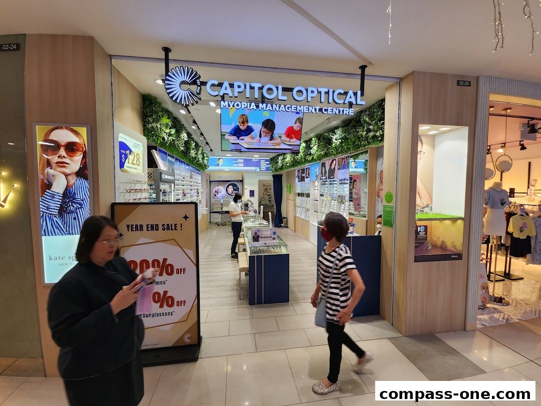 Capitol Optical shop front with displays of glasses and a 'Year End Sale' sign.