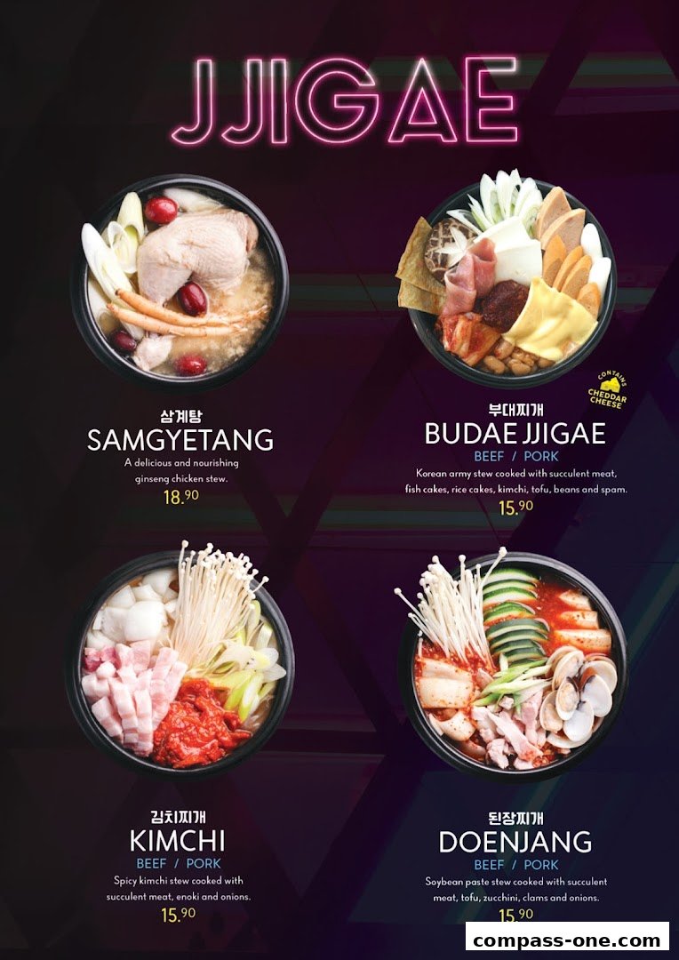 A menu showcasing four types of Korean stews with appetizing visuals and descriptions.