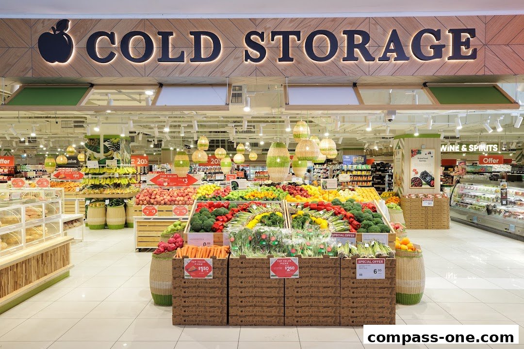 A wide view of the Cold Storage supermarket interior, showcasing fresh produce and various aisles.