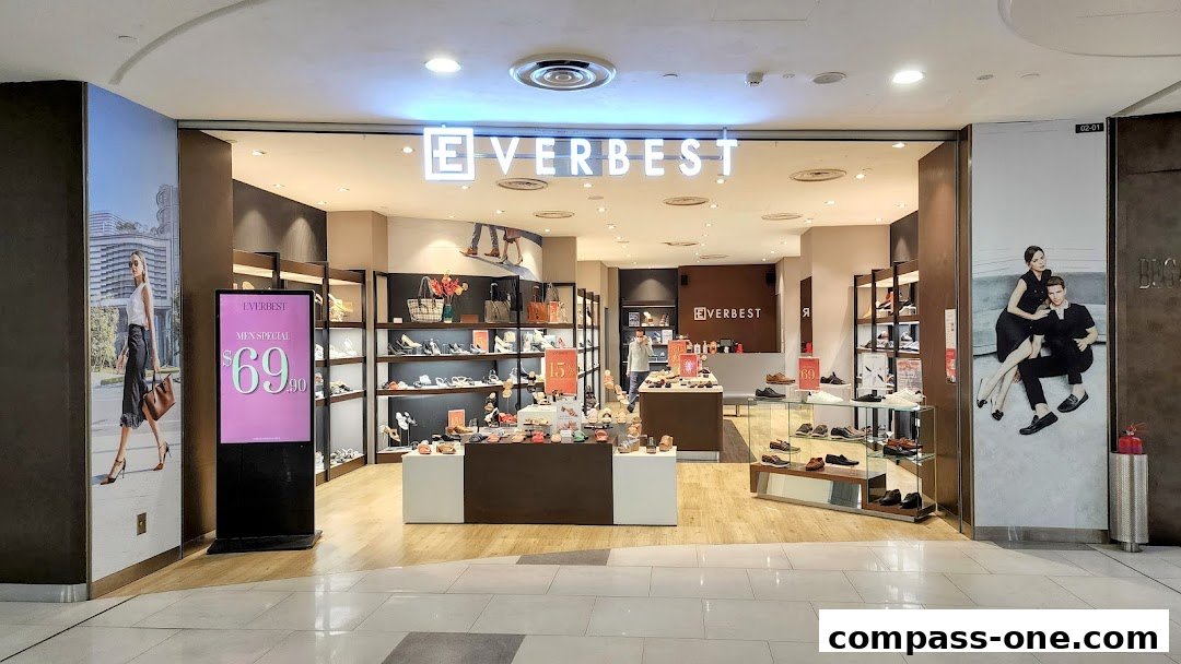 Everbest shoe store entrance with displays of various footwear and promotional signage.