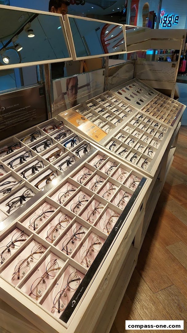 A display of various eyeglasses in a retail store, featuring multiple styles and frames.