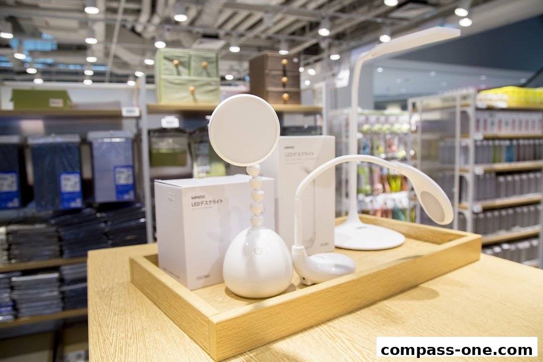 MINISO shop interior showcasing various desk lamps and storage solutions.