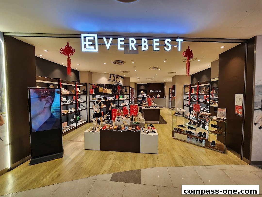 The entrance of Everbest shoe store, showcasing various footwear displays and a digital advertisement.