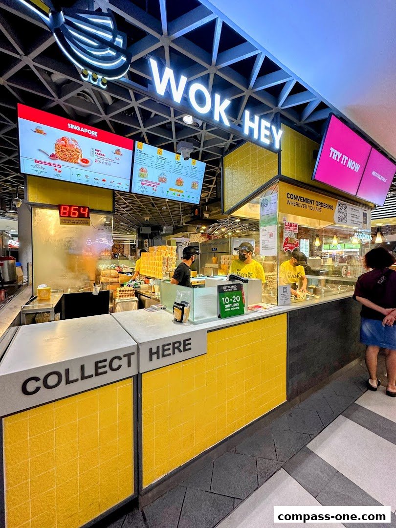 A Wok Hey food stall with bright yellow tiles and digital menu boards displaying food items.
