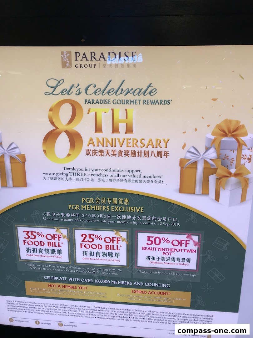 A promotional graphic for Paradise Gourmet Rewards' 8th Anniversary with discount offers.