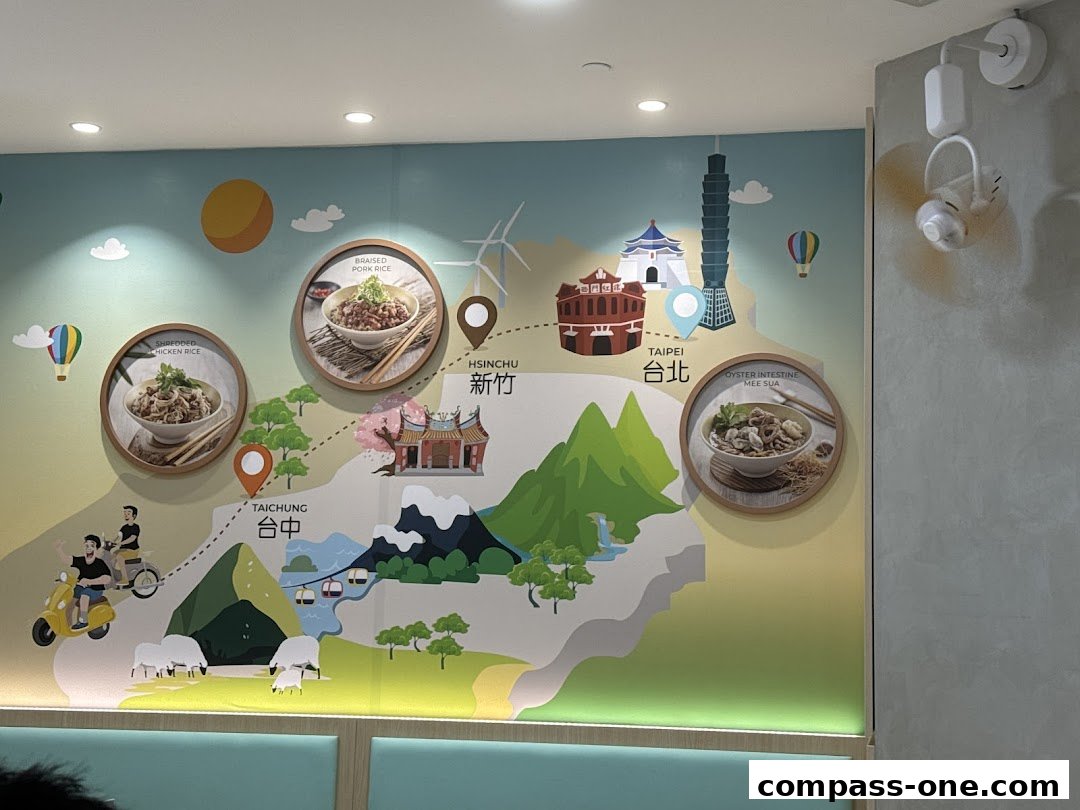 A colorful mural depicting Taiwanese landmarks and food dishes.