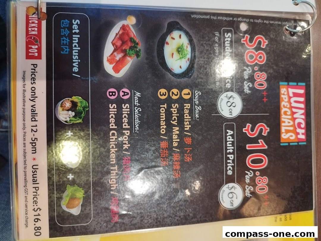A menu for Chicken Hotpot featuring lunch specials with student and adult pricing.
