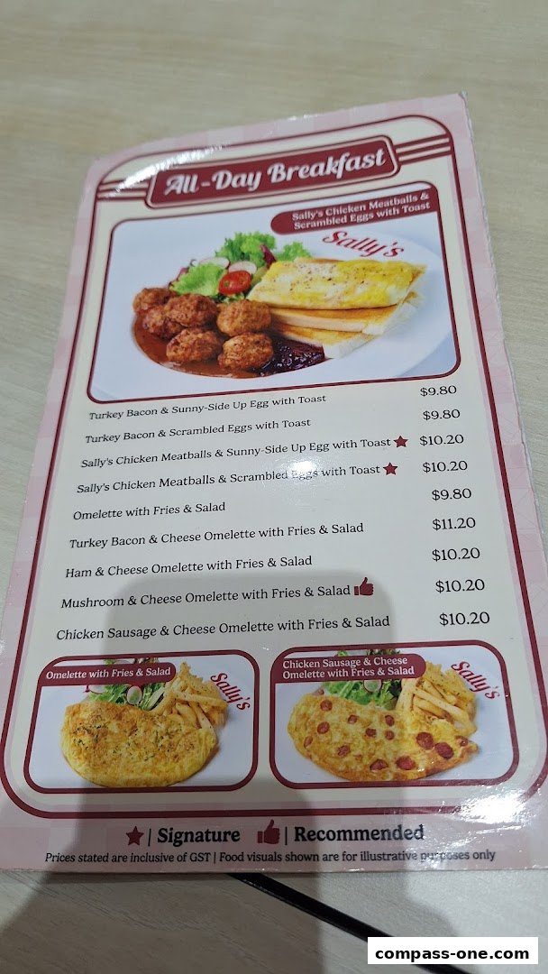 A menu featuring all-day breakfast options with various omelettes and meatball dishes.