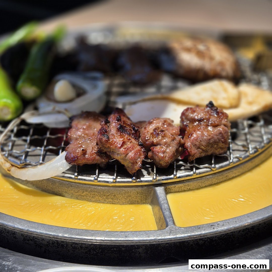 Close-up of grilled meat and vegetables on a barbecue grill.