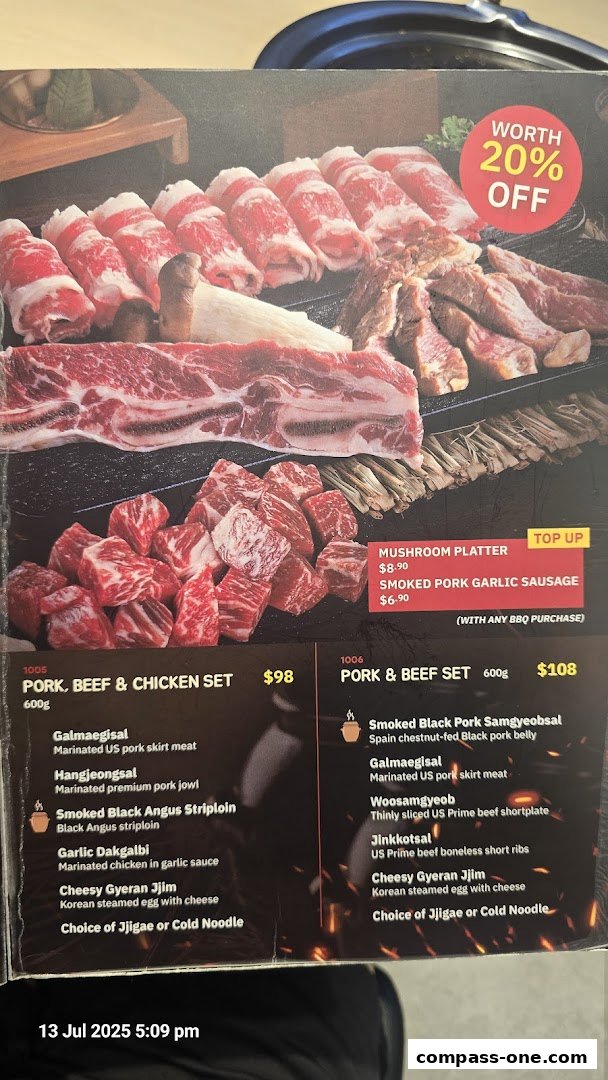A menu showcasing various Korean BBQ meat sets and side dishes with prices.