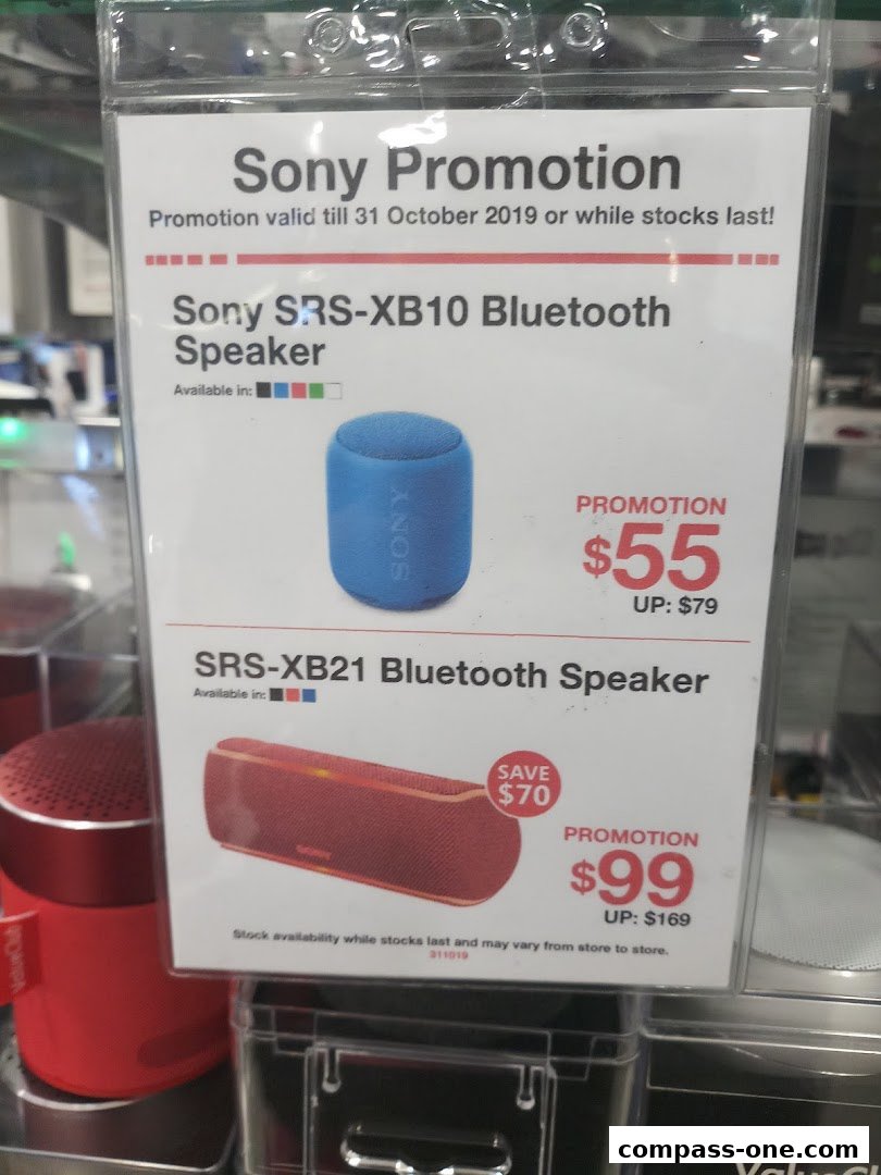 Sony promotion for SRS-XB10 and SRS-XB21 Bluetooth speakers with prices.