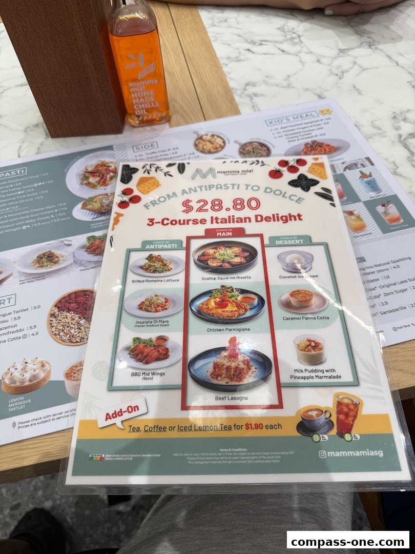 A menu from Mamma Mia Trattoria E Caffè featuring a 3-course Italian delight deal.