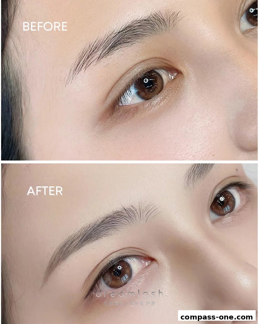 Before and after comparison of eyebrow enhancement services at Dreamlash.