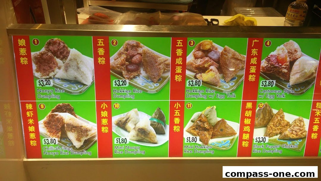 A colorful menu board displaying various types of rice dumplings with prices and images.