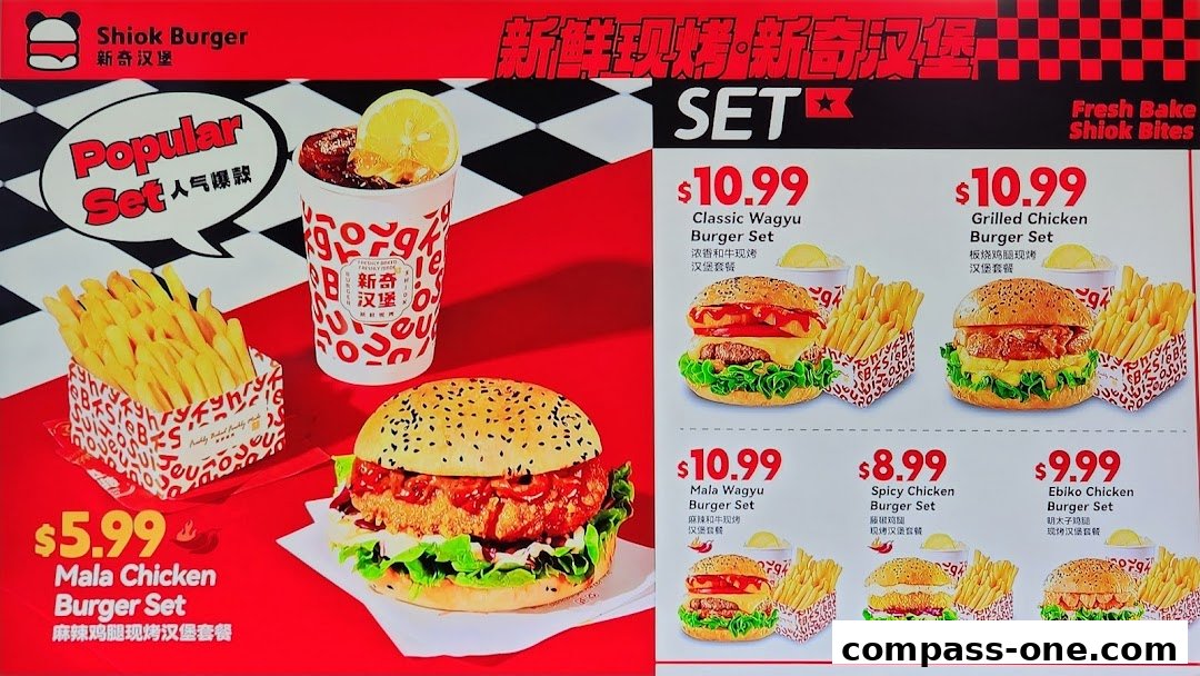 A menu board for Shiok Burger featuring various burger sets with prices and images.