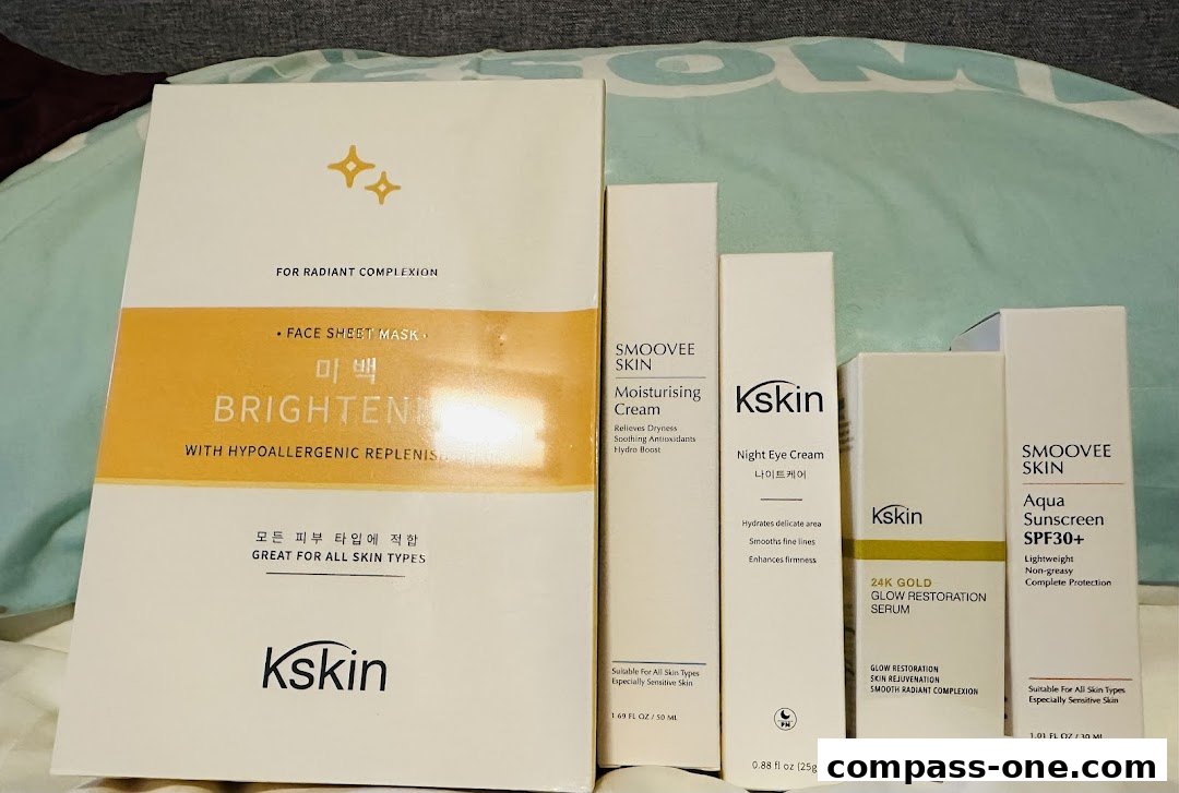 A collection of Kskin Korean skincare products, including face masks, creams, and serums.