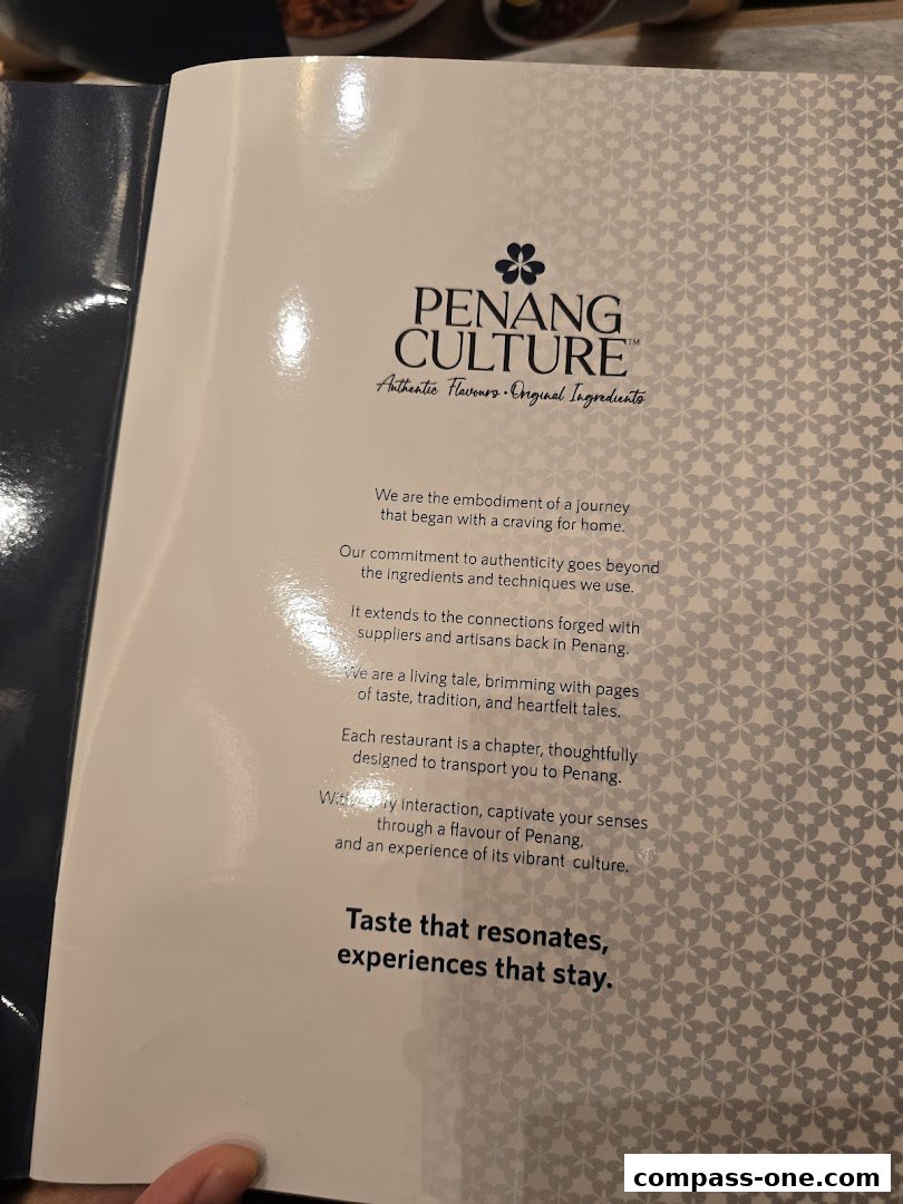A menu from Penang Culture restaurant, highlighting authentic flavors and original ingredients.