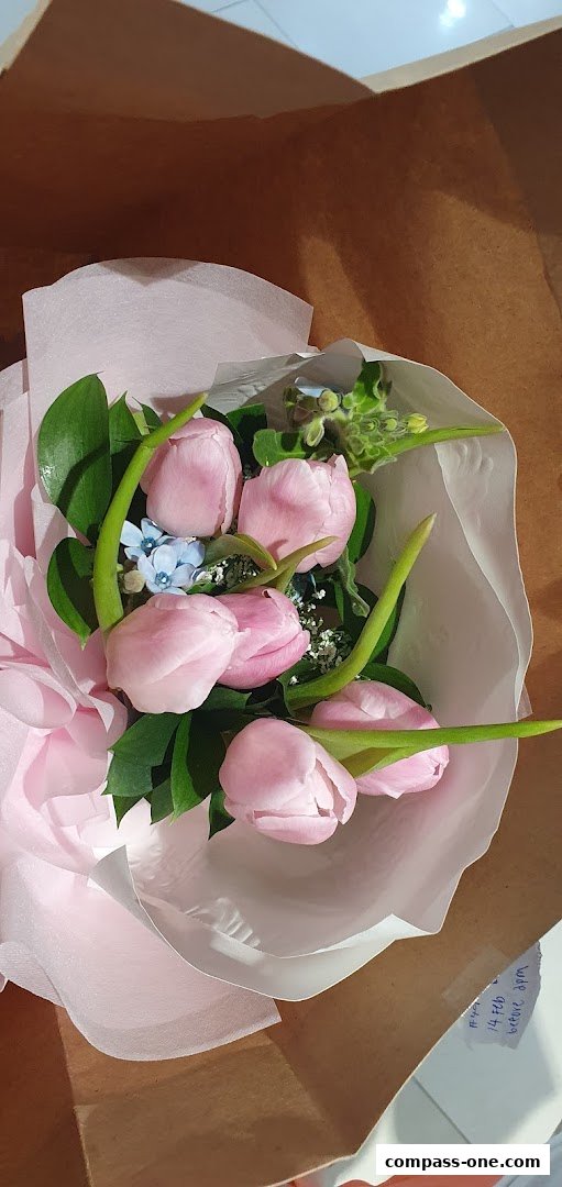 A bouquet of pink tulips and greenery wrapped in delicate pink and white paper.