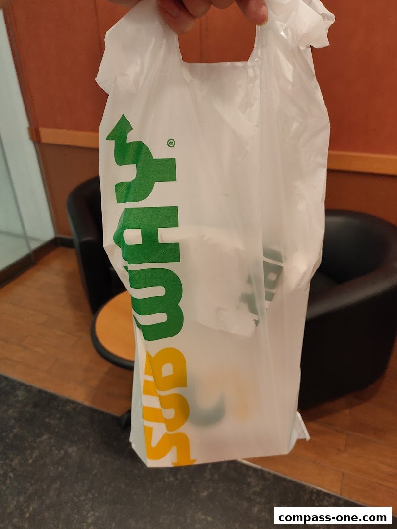 A person holds a white Subway branded plastic bag with food inside.
