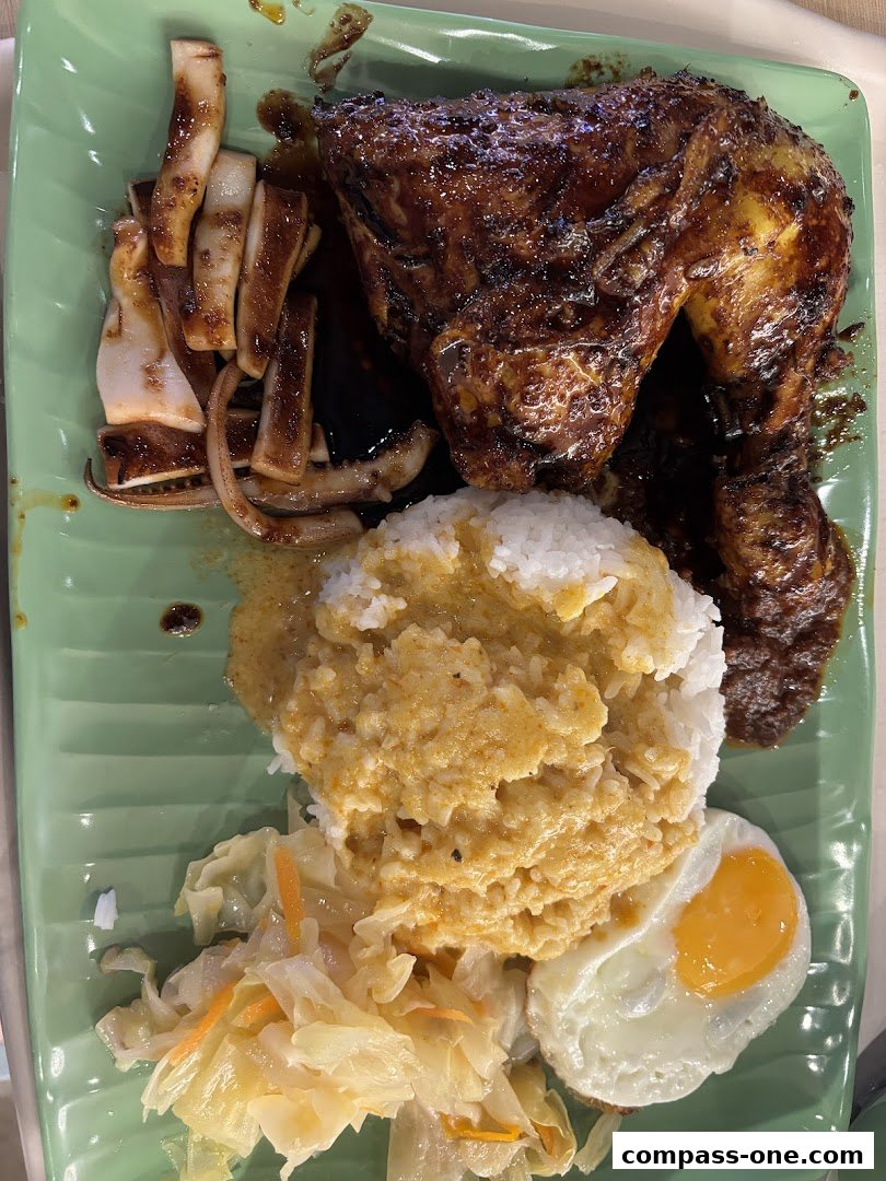 A plate of Indonesian BBQ chicken, grilled squid, rice, fried egg, and pickled cabbage.