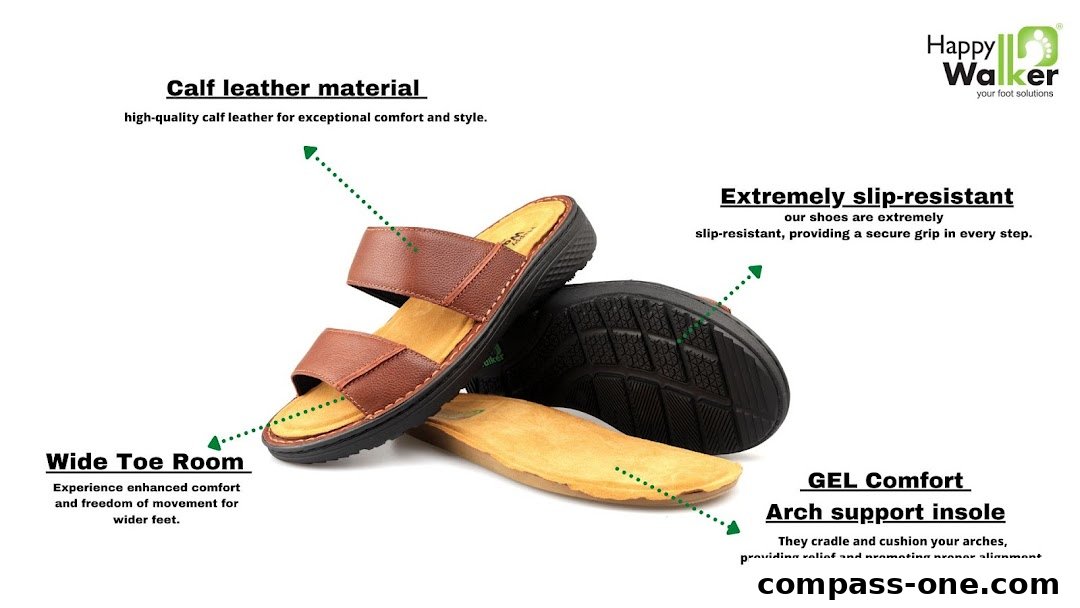 A pair of brown leather sandals with detailed features highlighted.