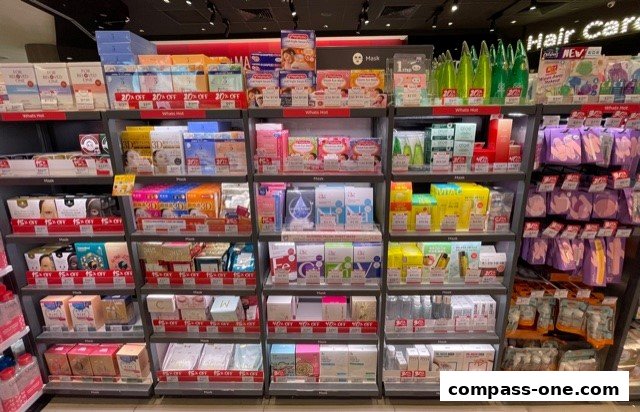 Shelves stocked with various skincare and beauty products, including masks and hair care items.