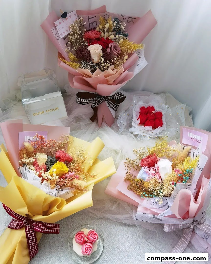 Beautifully arranged dried flower bouquets and a small cake with floral frosting.