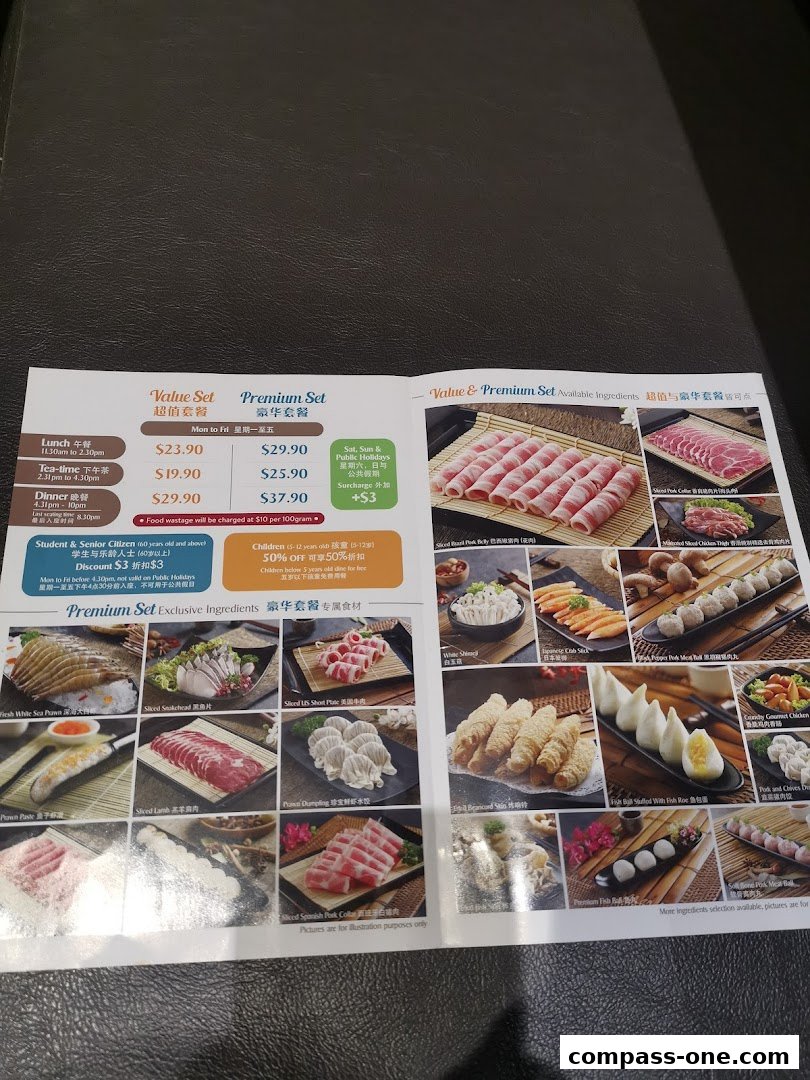 A menu from Paradise Hotpot Compass One showcasing value and premium set meals with various ingredients.