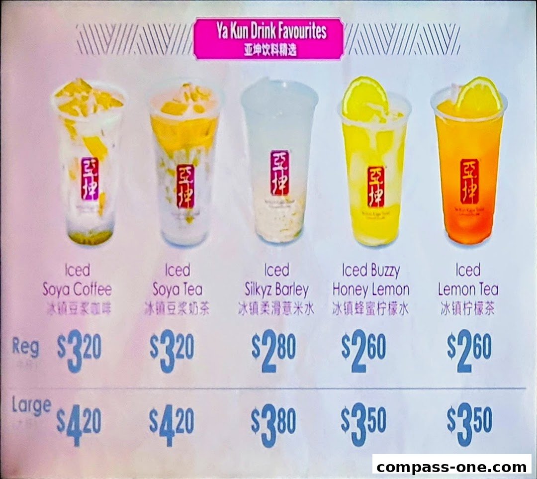 A menu board displaying Ya Kun's iced drink favorites with prices.