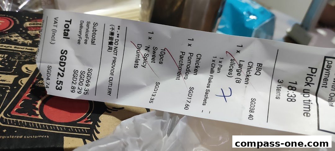 A receipt from Pizza Hut showing a total of SGD72.53 for various food items and fees.