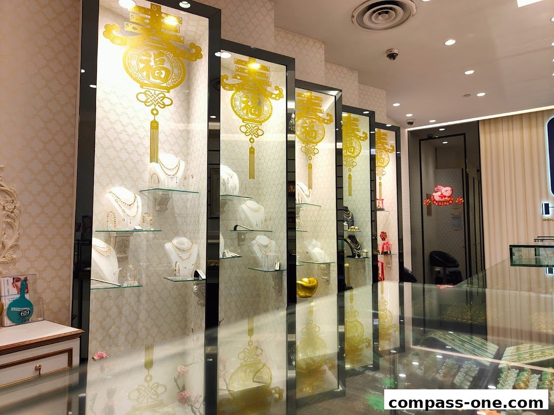 Interior view of a jewelry store showcasing necklaces and bracelets in display cases.