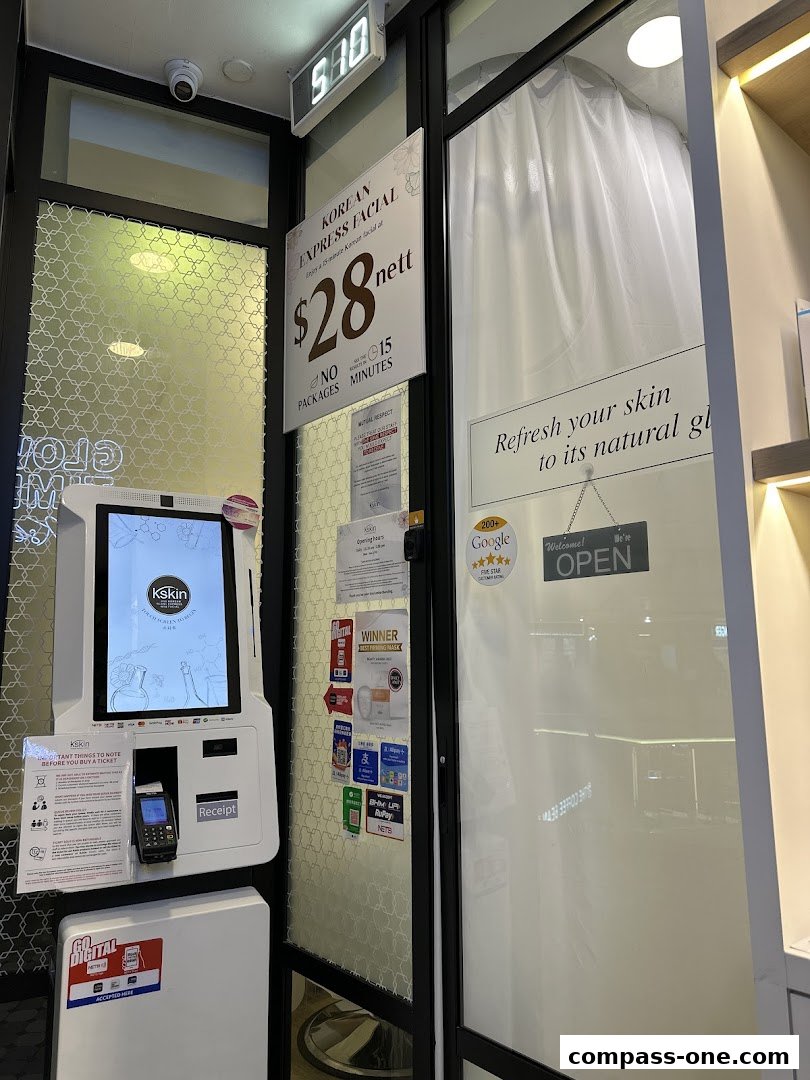 Kskin Korean Express Facial shop front with a digital kiosk and promotional signage.