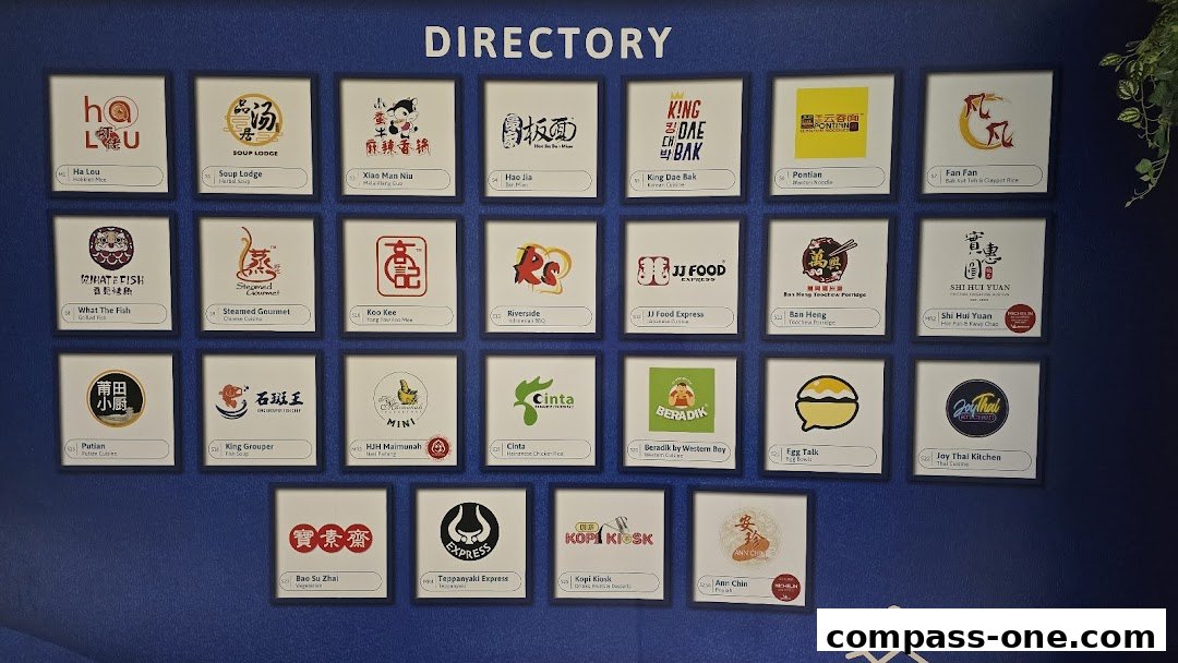 A directory board displaying logos and names of various food establishments.