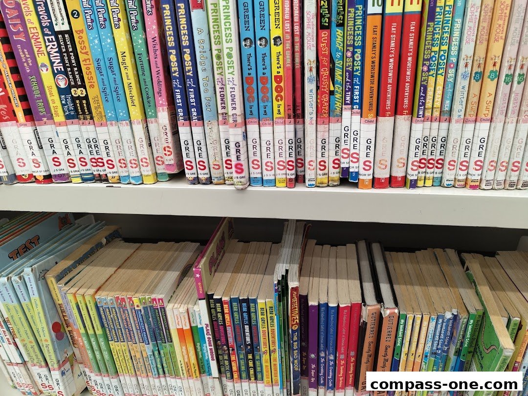 A close-up view of library shelves filled with children's books, organized by genre and author.