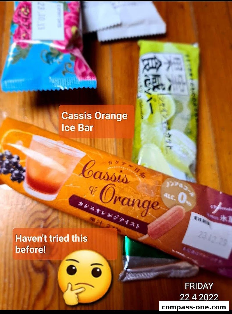 A close-up of several ice cream bars, with one labeled 'Cassis Orange Ice Bar'.