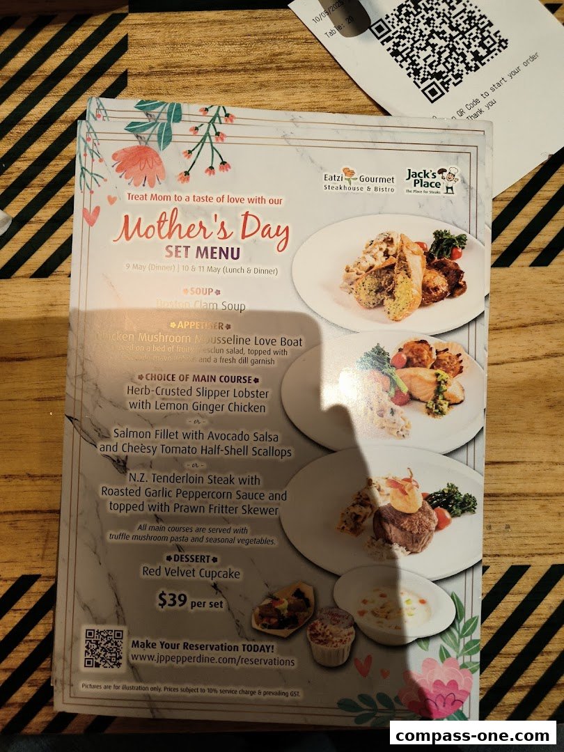 A Mother's Day set menu from Jack's Place featuring soup, appetizers, main courses, and dessert.