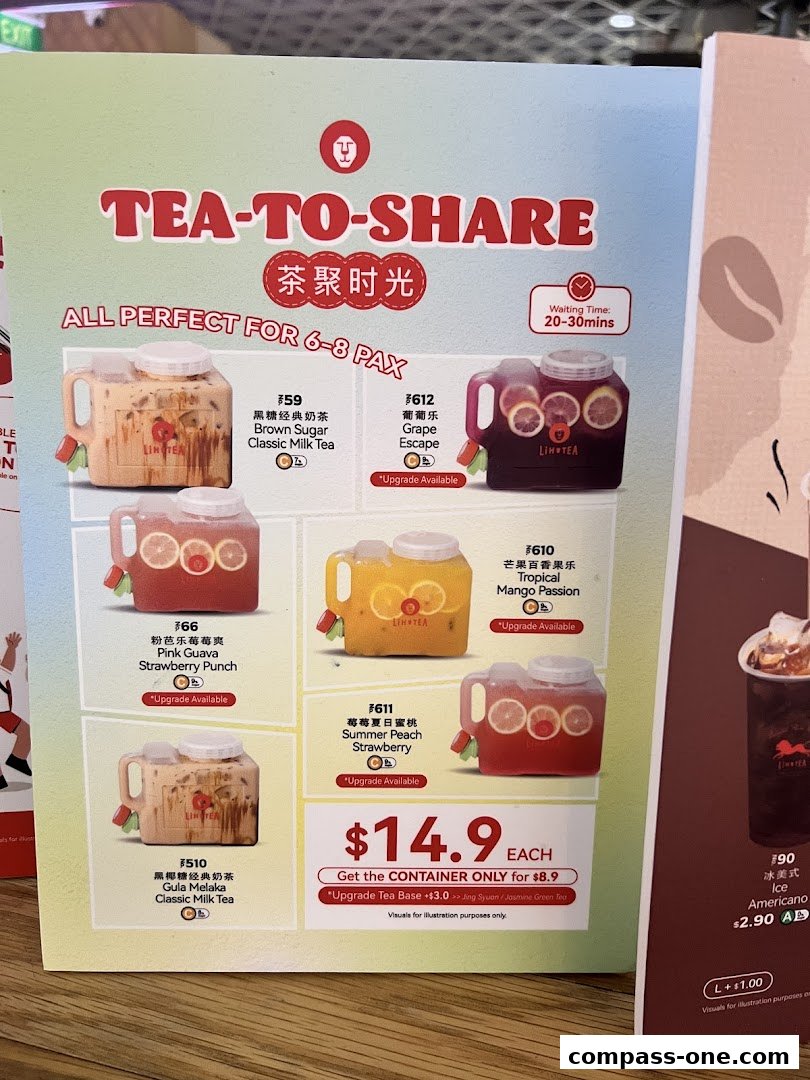 A menu display for LiHO TEA's 'Tea-To-Share' large beverage containers.