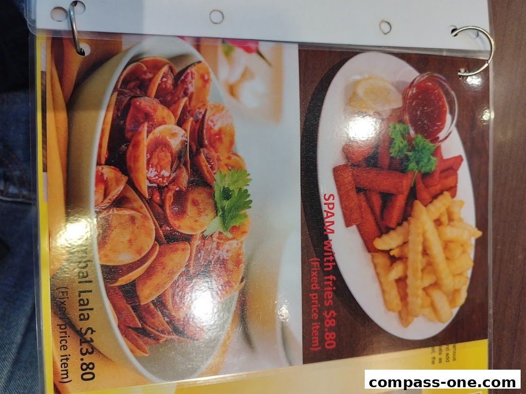 A menu page showcasing two dishes: 'Global Lala' and 'SPAM with fries'.