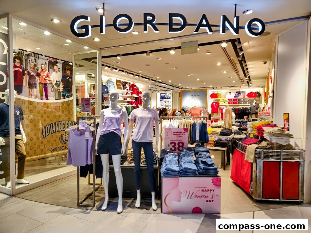 The Giordano store features mannequins displaying casual wear and racks of clothing inside.