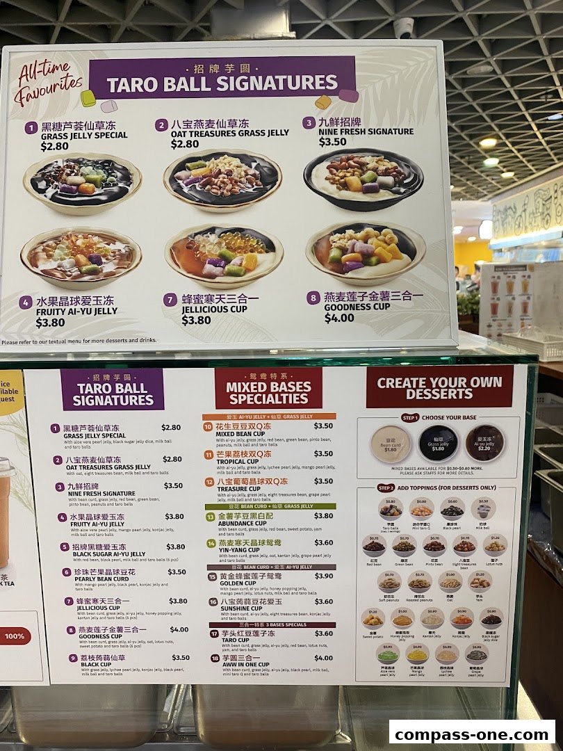 A menu board displaying various taro ball desserts and mixed base specialties with prices.
