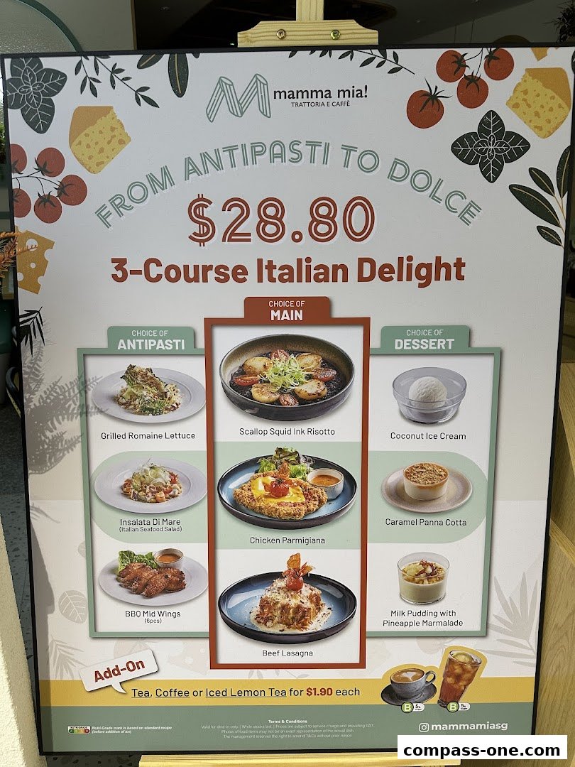 A sign advertising a 3-course Italian meal deal from Mamma Mia Trattoria E Caffè.