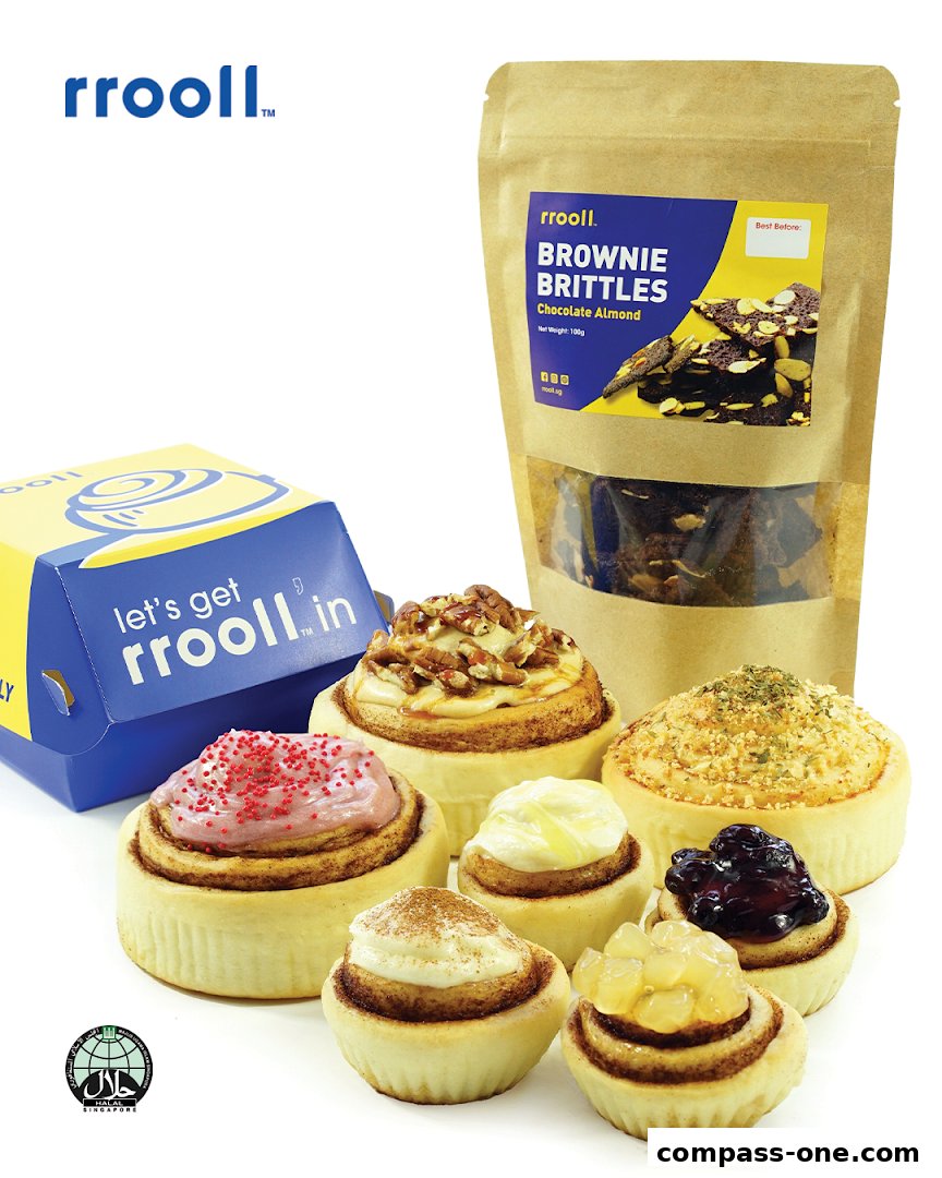 A selection of delicious cinnamon rolls and a bag of brownie brittles from rrooll.