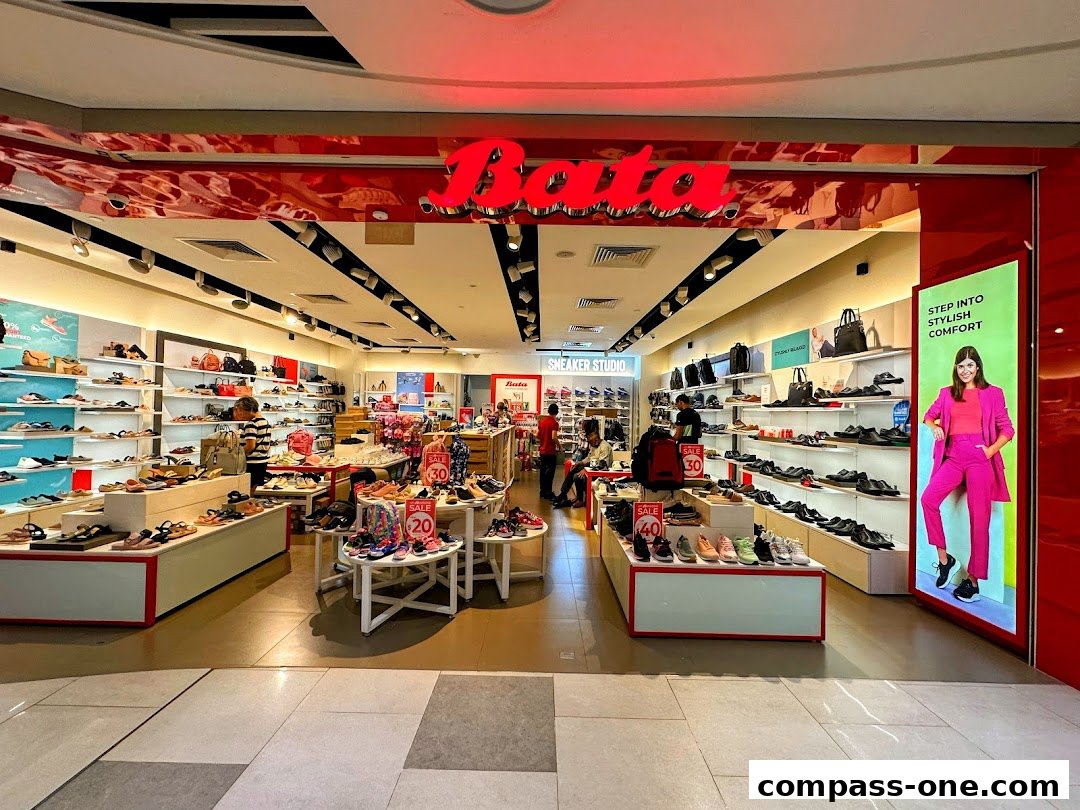 Interior view of a Bata shoe store showcasing a wide variety of footwear and bags.