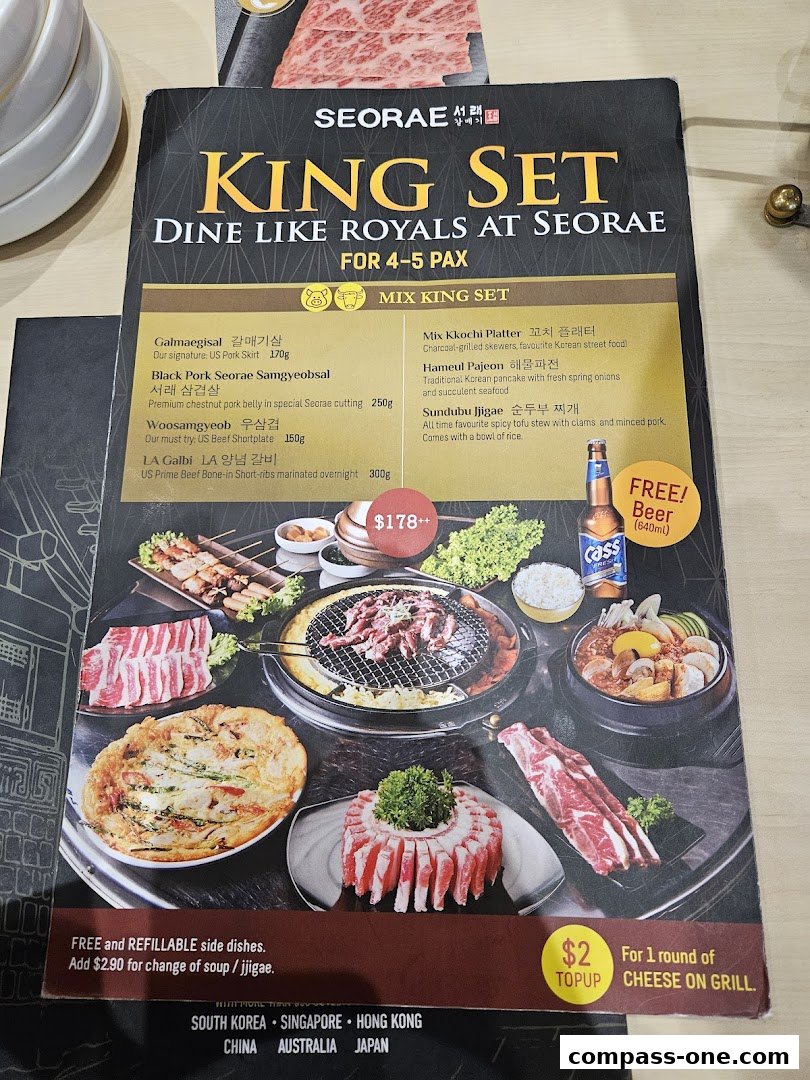 A menu for SEORAE JIB featuring the 'King Set' for 4-5 people with various Korean dishes.