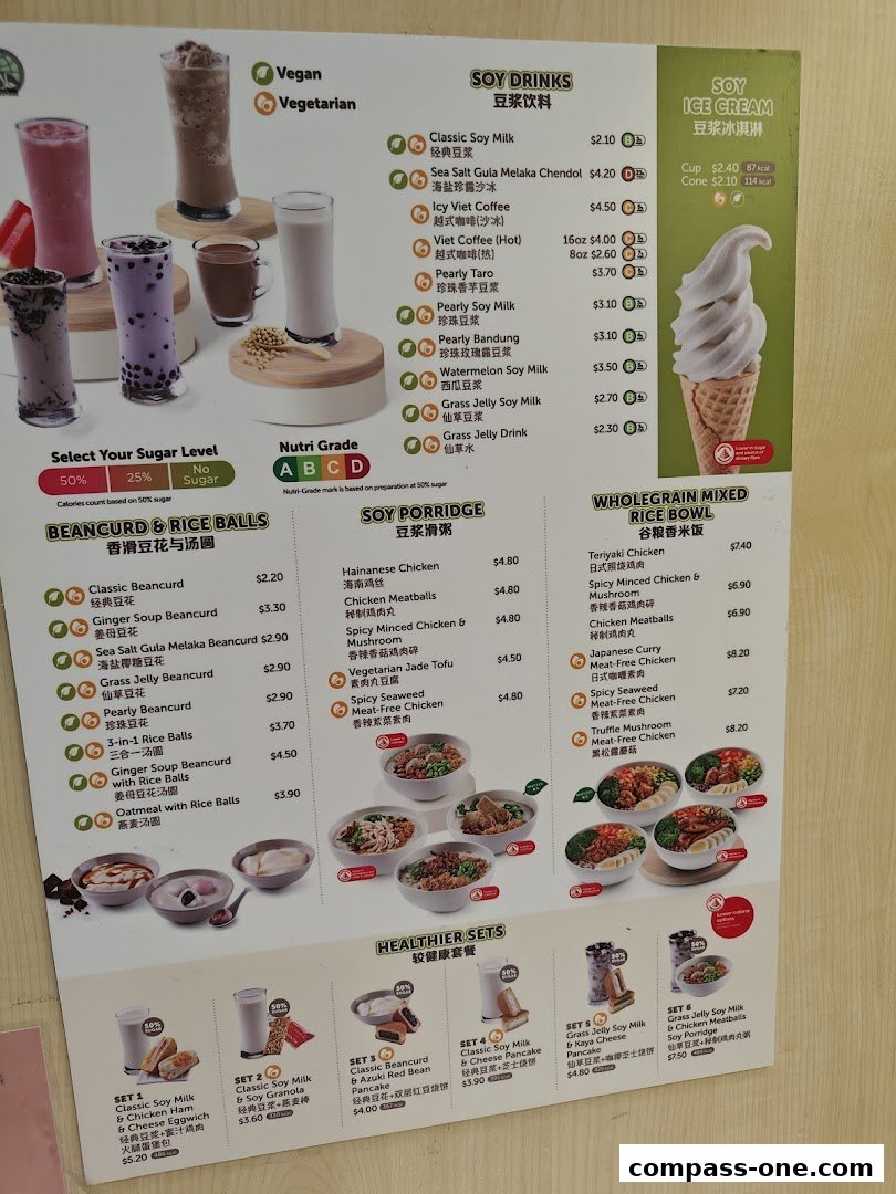 A menu displaying various soy drinks, soy porridge, rice bowls, and healthier sets.