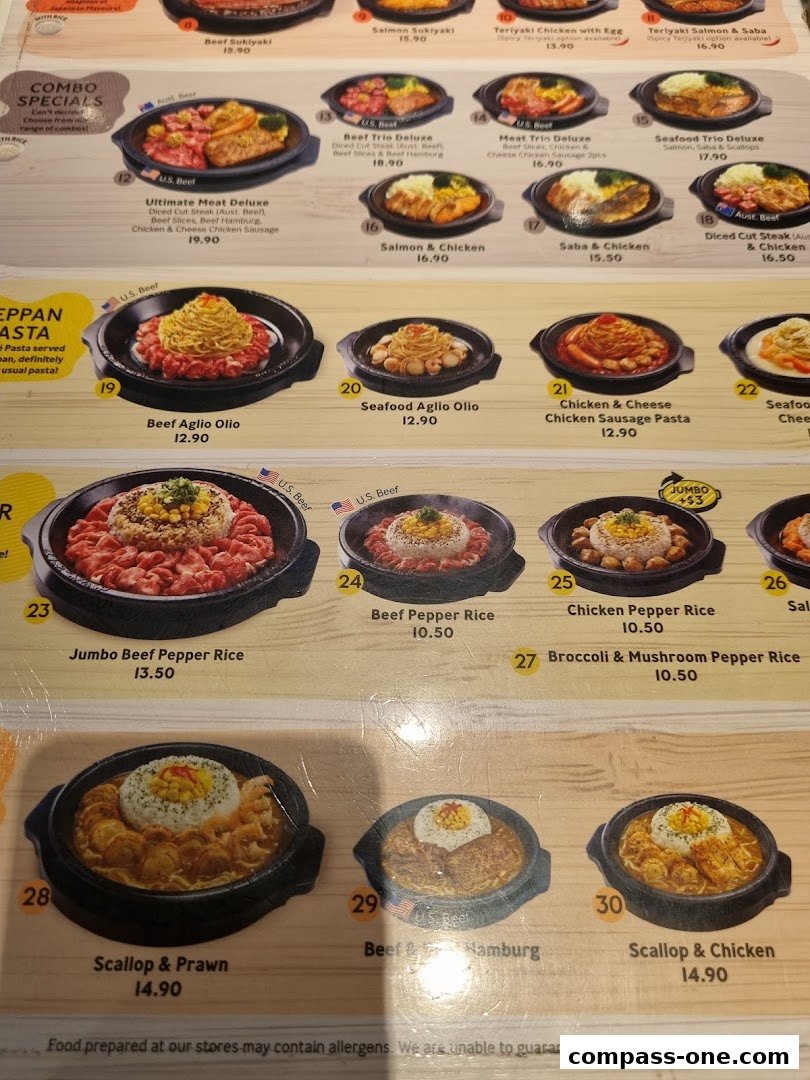 A menu from Pepper Lunch showcasing various sizzling hot plate dishes with prices.