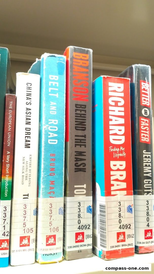 A close-up view of several books on a library shelf, showcasing their titles and spine labels.